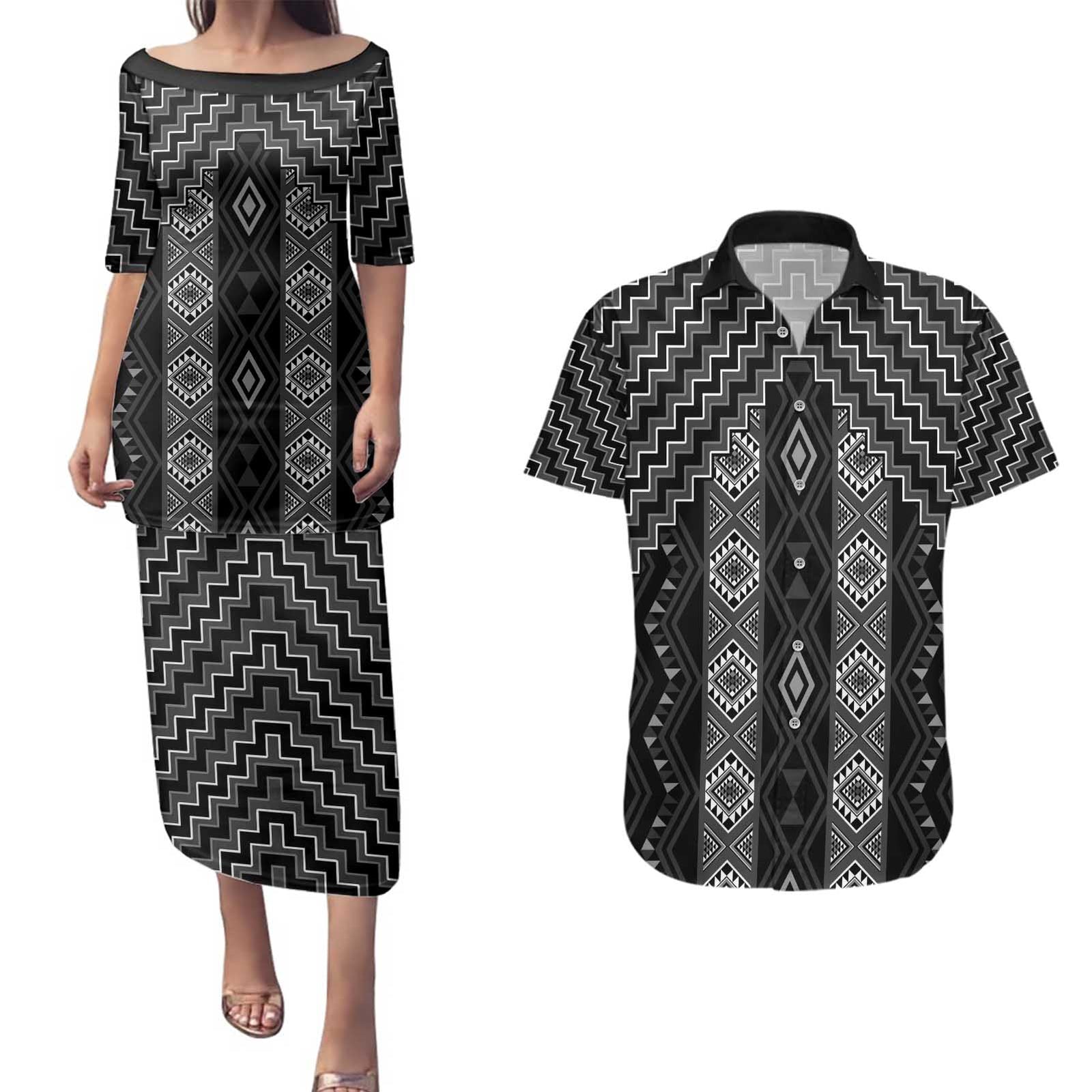 New Zealand Aotearoa Couples Matching Puletasi and Hawaiian Shirt Black Poutama With Taniko Pattern LT05 Black - Polynesian Pride