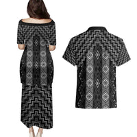 New Zealand Aotearoa Couples Matching Puletasi and Hawaiian Shirt Black Poutama With Taniko Pattern LT05 - Polynesian Pride