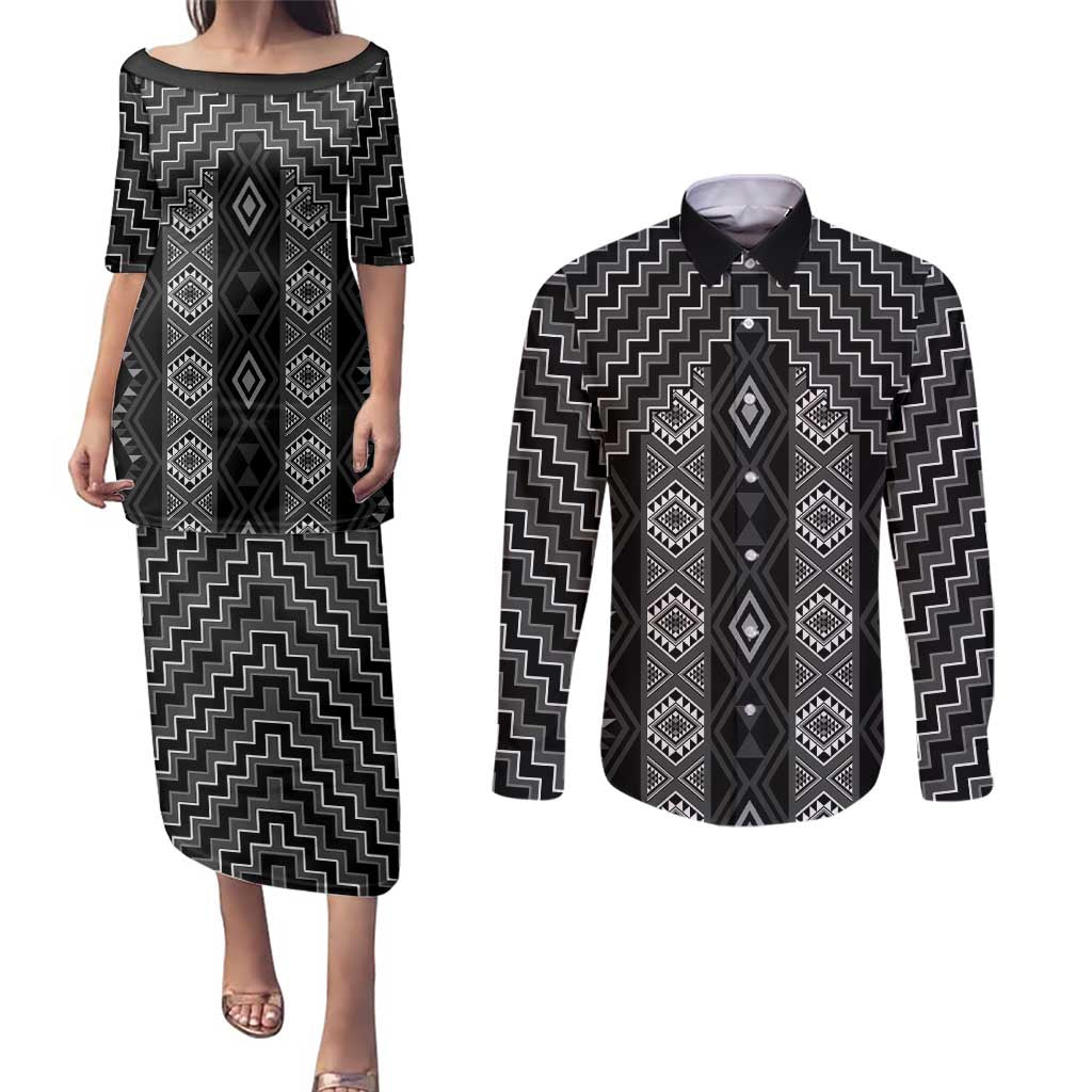 New Zealand Aotearoa Couples Matching Puletasi and Long Sleeve Button Shirt Black Poutama With Taniko Pattern LT05 Black - Polynesian Pride
