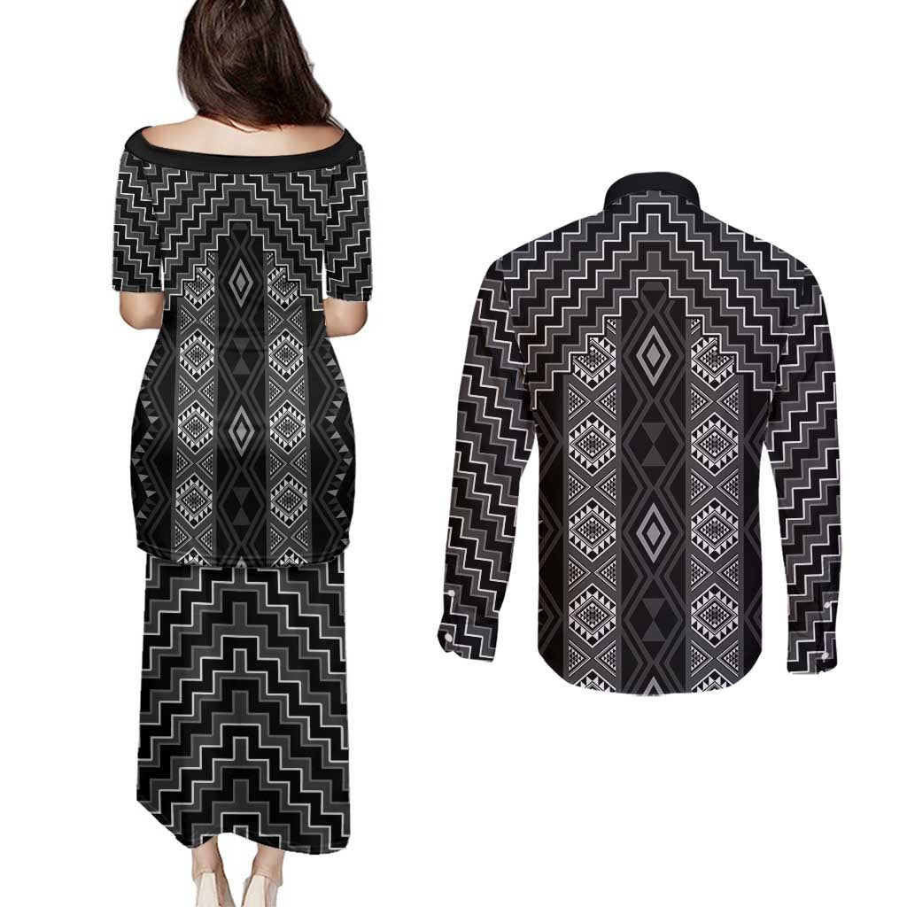 New Zealand Aotearoa Couples Matching Puletasi and Long Sleeve Button Shirt Black Poutama With Taniko Pattern LT05 - Polynesian Pride