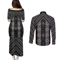 New Zealand Aotearoa Couples Matching Puletasi and Long Sleeve Button Shirt Black Poutama With Taniko Pattern LT05 - Polynesian Pride