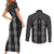 New Zealand Aotearoa Couples Matching Short Sleeve Bodycon Dress and Long Sleeve Button Shirt Black Poutama With Taniko Pattern LT05