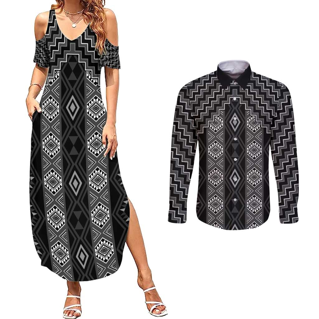 New Zealand Aotearoa Couples Matching Summer Maxi Dress and Long Sleeve Button Shirt Black Poutama With Taniko Pattern LT05 Black - Polynesian Pride