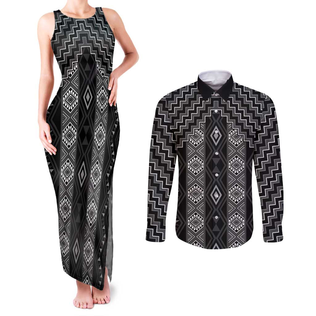 New Zealand Aotearoa Couples Matching Tank Maxi Dress and Long Sleeve Button Shirt Black Poutama With Taniko Pattern LT05 Black - Polynesian Pride