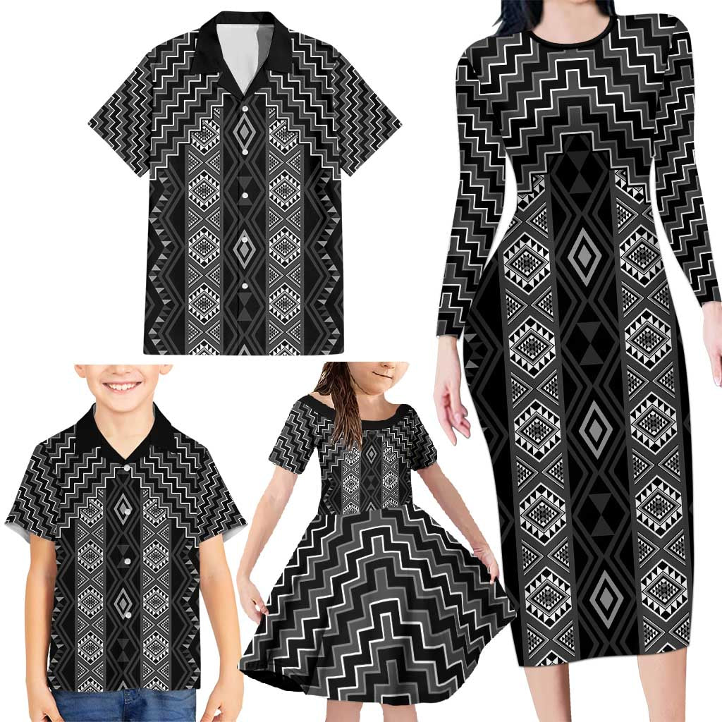 New Zealand Aotearoa Family Matching Long Sleeve Bodycon Dress and Hawaiian Shirt Black Poutama With Taniko Pattern LT05