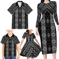 New Zealand Aotearoa Family Matching Long Sleeve Bodycon Dress and Hawaiian Shirt Black Poutama With Taniko Pattern LT05