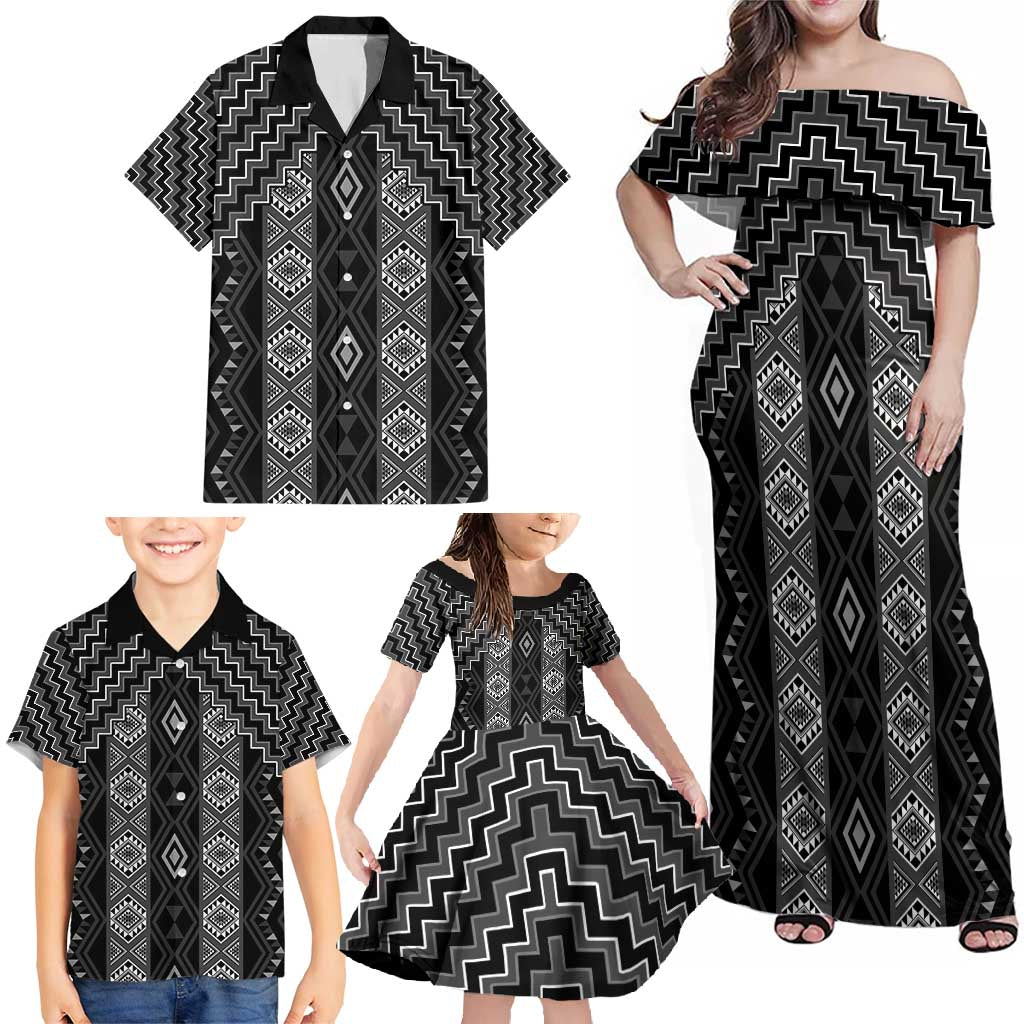 New Zealand Aotearoa Family Matching Off Shoulder Maxi Dress and Hawaiian Shirt Black Poutama With Taniko Pattern LT05