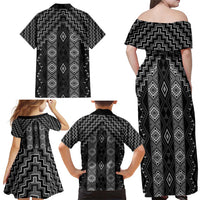 New Zealand Aotearoa Family Matching Off Shoulder Maxi Dress and Hawaiian Shirt Black Poutama With Taniko Pattern LT05