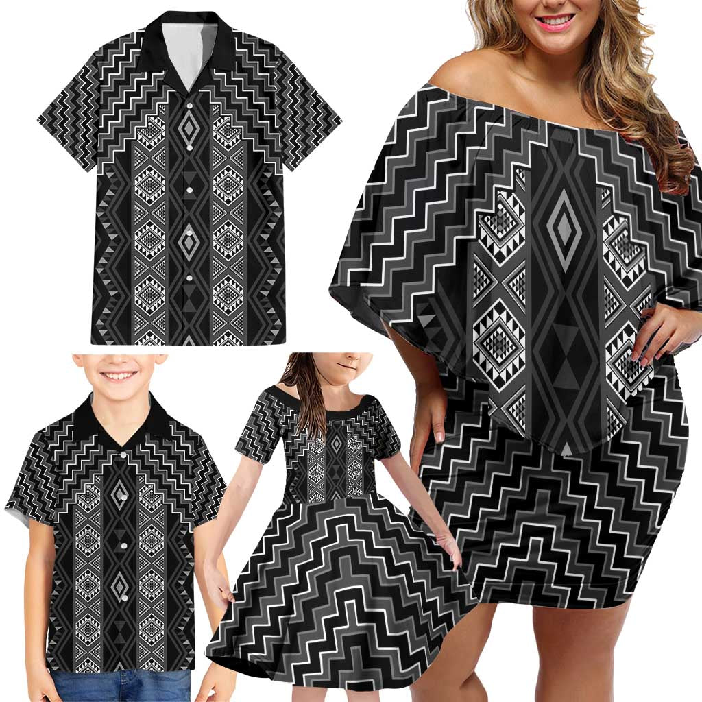 New Zealand Aotearoa Family Matching Off Shoulder Short Dress and Hawaiian Shirt Black Poutama With Taniko Pattern LT05