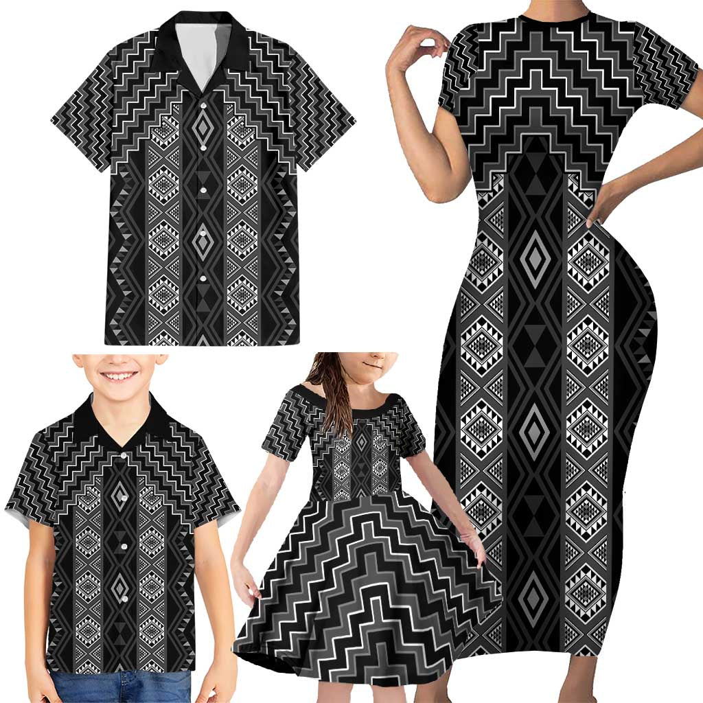 New Zealand Aotearoa Family Matching Short Sleeve Bodycon Dress and Hawaiian Shirt Black Poutama With Taniko Pattern LT05