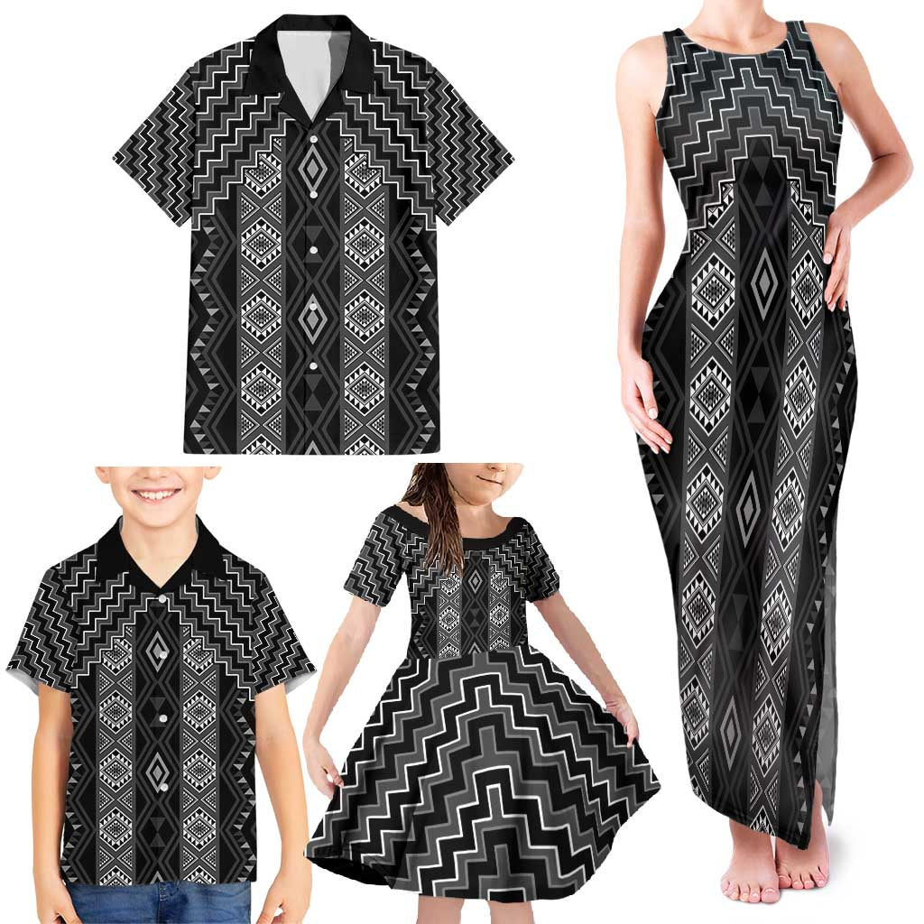 New Zealand Aotearoa Family Matching Tank Maxi Dress and Hawaiian Shirt Black Poutama With Taniko Pattern LT05