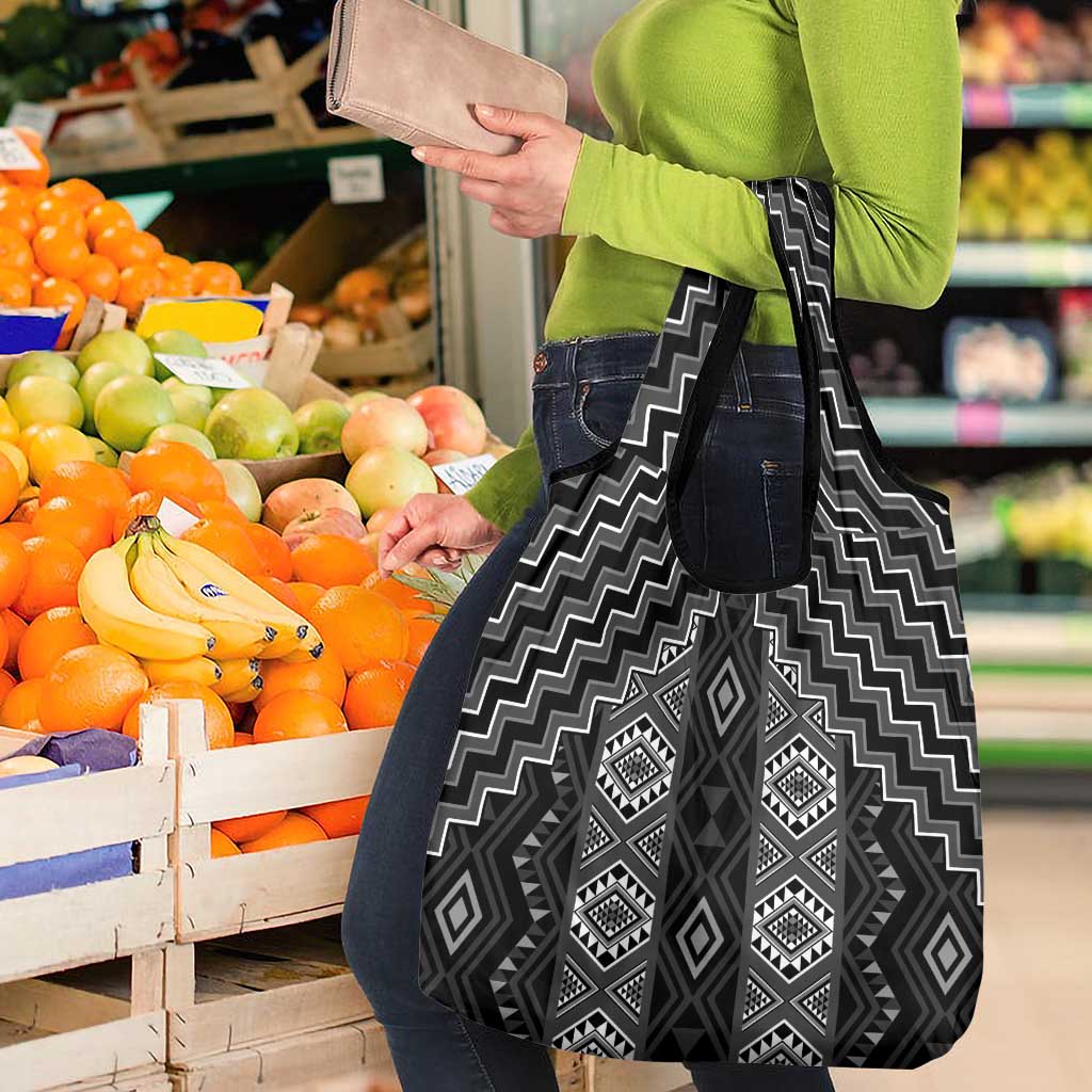 New Zealand Aotearoa Grocery Bag Black Poutama With Taniko Pattern