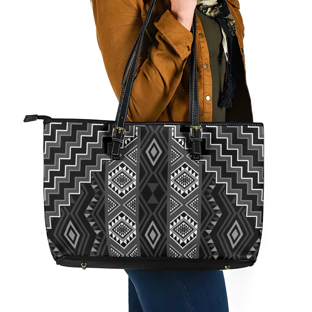 New Zealand Aotearoa Leather Tote Bag Black Poutama With Taniko Pattern LT05 - Polynesian Pride