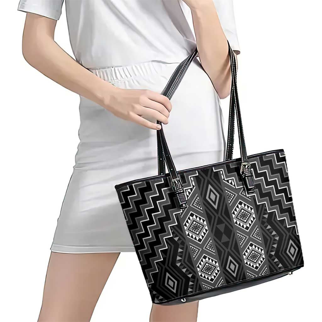 New Zealand Aotearoa Leather Tote Bag Black Poutama With Taniko Pattern LT05 - Polynesian Pride