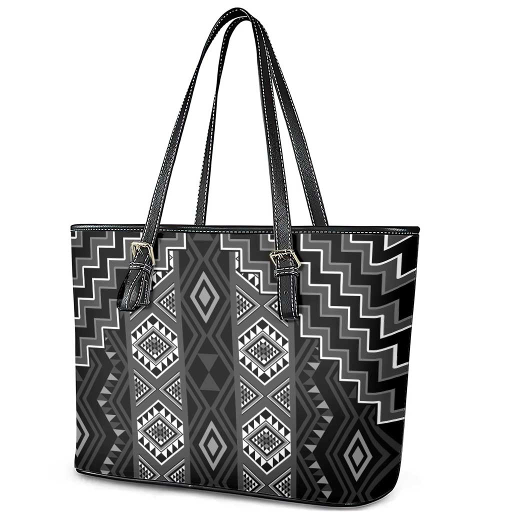 New Zealand Aotearoa Leather Tote Bag Black Poutama With Taniko Pattern LT05 - Polynesian Pride