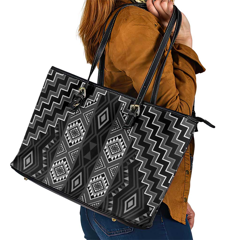 New Zealand Aotearoa Leather Tote Bag Black Poutama With Taniko Pattern LT05 - Polynesian Pride