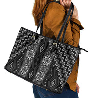 New Zealand Aotearoa Leather Tote Bag Black Poutama With Taniko Pattern LT05 - Polynesian Pride
