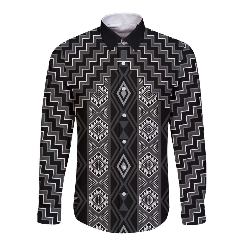 New Zealand Aotearoa Long Sleeve Button Shirt Black Poutama With Taniko Pattern LT05