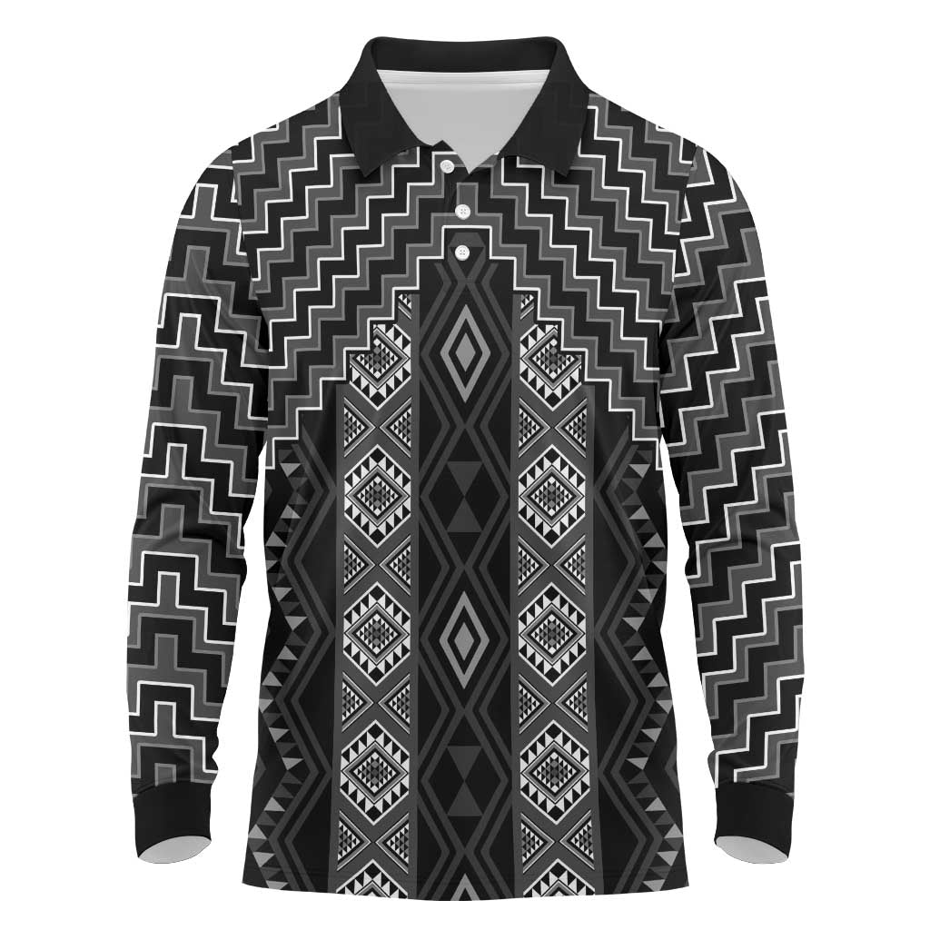 New Zealand Aotearoa Long Sleeve Polo Shirt Black Poutama With Taniko Pattern LT05 Black - Polynesian Pride