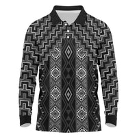 New Zealand Aotearoa Long Sleeve Polo Shirt Black Poutama With Taniko Pattern LT05 Black - Polynesian Pride