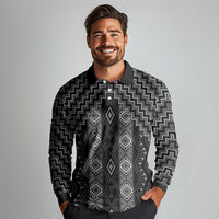 New Zealand Aotearoa Long Sleeve Polo Shirt Black Poutama With Taniko Pattern LT05 - Polynesian Pride