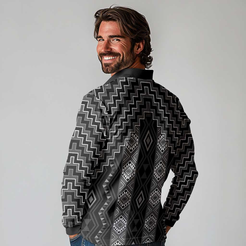 New Zealand Aotearoa Long Sleeve Polo Shirt Black Poutama With Taniko Pattern LT05 - Polynesian Pride