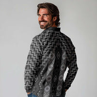 New Zealand Aotearoa Long Sleeve Polo Shirt Black Poutama With Taniko Pattern LT05 - Polynesian Pride