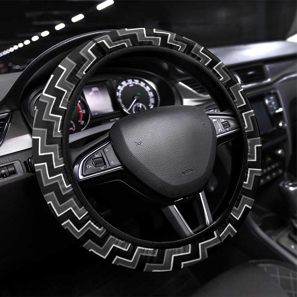 New Zealand Aotearoa Steering Wheel Cover Black Poutama With Taniko Pattern LT05 Universal Fit Black - Polynesian Pride