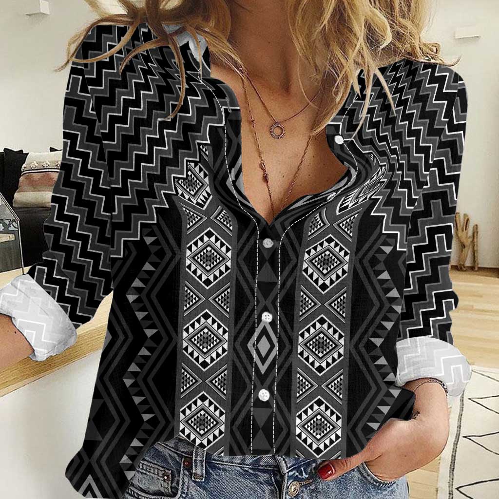 New Zealand Aotearoa Women Casual Shirt Black Poutama With Taniko Pattern LT05