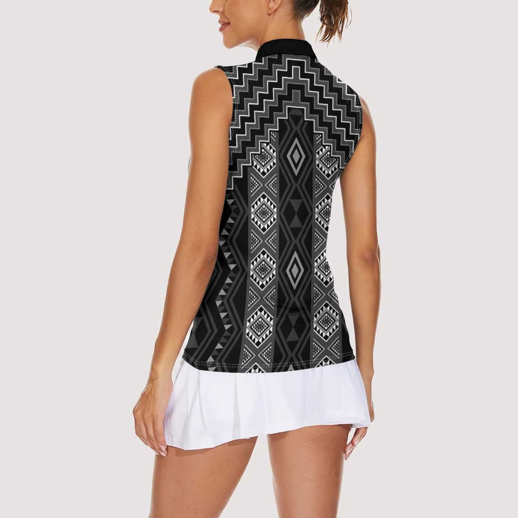 New Zealand Aotearoa Women Sleeveless Polo Shirt Black Poutama With Taniko Pattern LT05 - Polynesian Pride