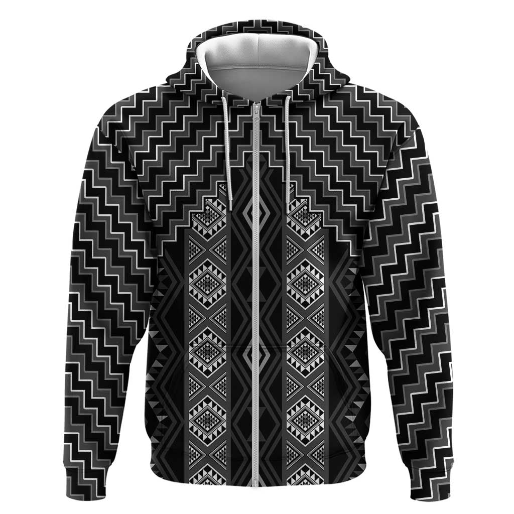 New Zealand Aotearoa Zip Hoodie Black Poutama With Taniko Pattern LT05
