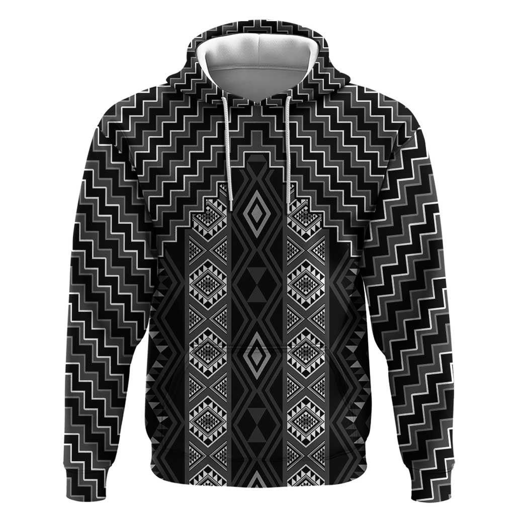 New Zealand Aotearoa Zip Hoodie Black Poutama With Taniko Pattern LT05