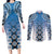 New Zealand Couples Matching Long Sleeve Bodycon Dress and Long Sleeve Button Shirt Poutama Mix Blue Taniko Inspired Art LT05