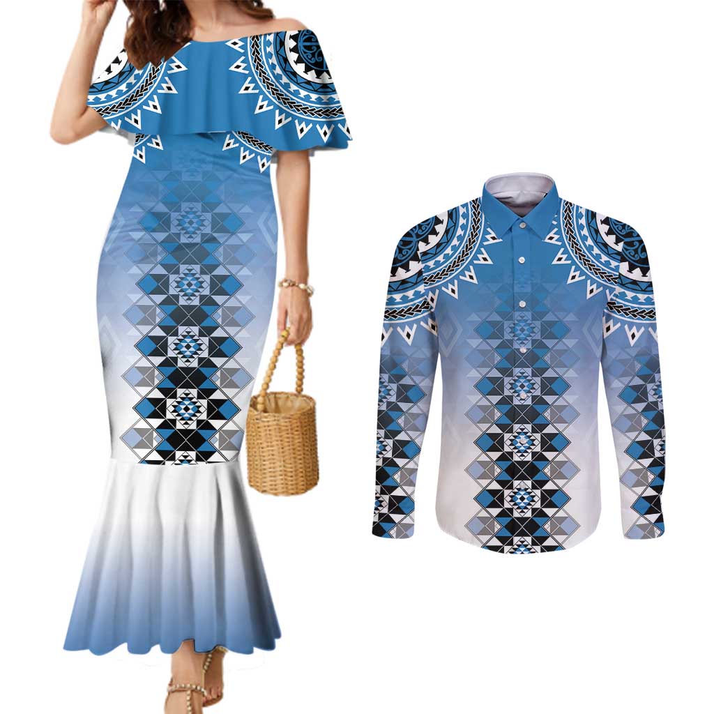 New Zealand Couples Matching Mermaid Dress and Long Sleeve Button Shirt Poutama Mix Blue Taniko Inspired Art LT05 Blue - Polynesian Pride