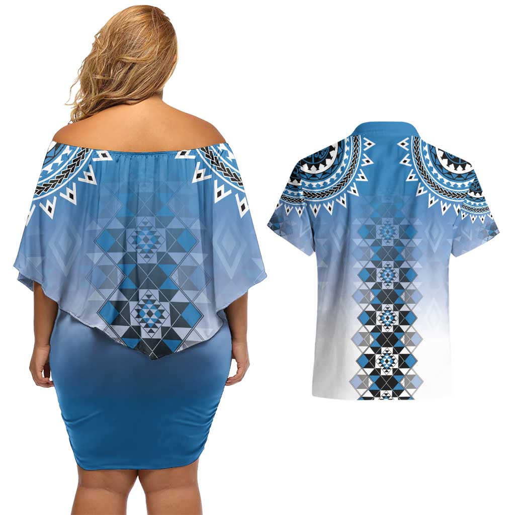 New Zealand Couples Matching Off Shoulder Short Dress and Hawaiian Shirt Poutama Mix Blue Taniko Inspired Art LT05