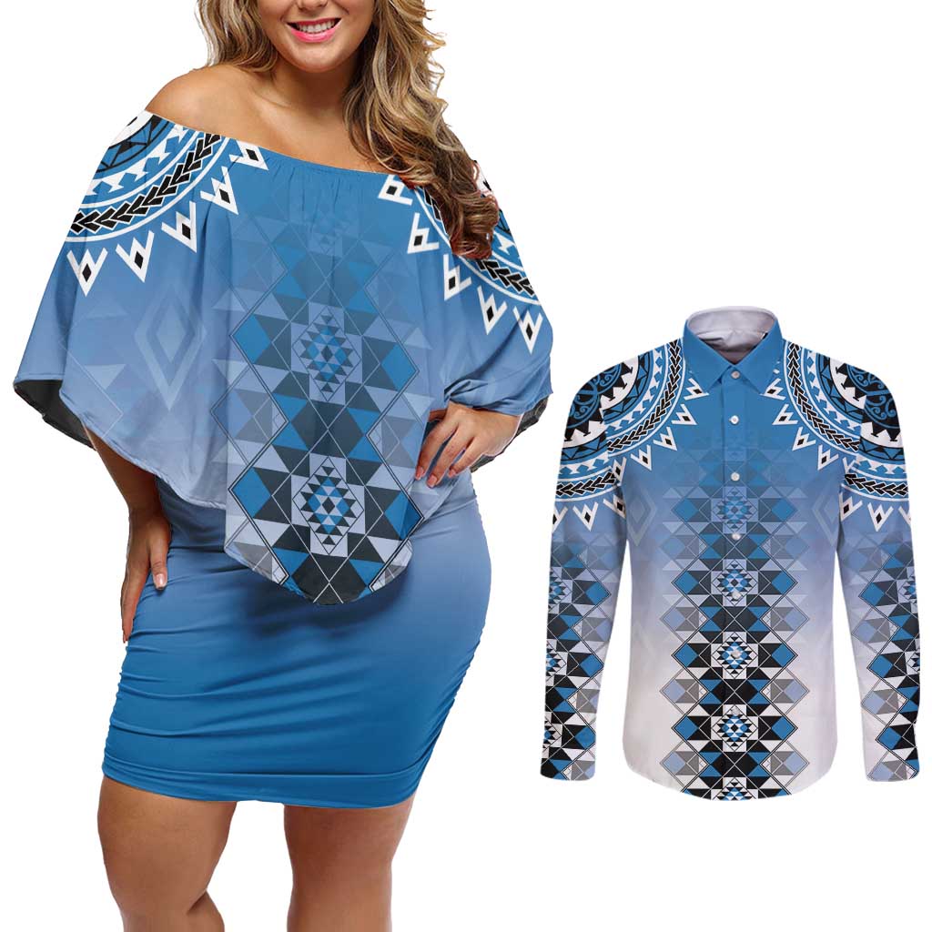 New Zealand Couples Matching Off Shoulder Short Dress and Long Sleeve Button Shirt Poutama Mix Blue Taniko Inspired Art LT05 Blue - Polynesian Pride