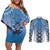 New Zealand Couples Matching Off Shoulder Short Dress and Long Sleeve Button Shirt Poutama Mix Blue Taniko Inspired Art LT05