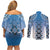 New Zealand Couples Matching Off Shoulder Short Dress and Long Sleeve Button Shirt Poutama Mix Blue Taniko Inspired Art LT05