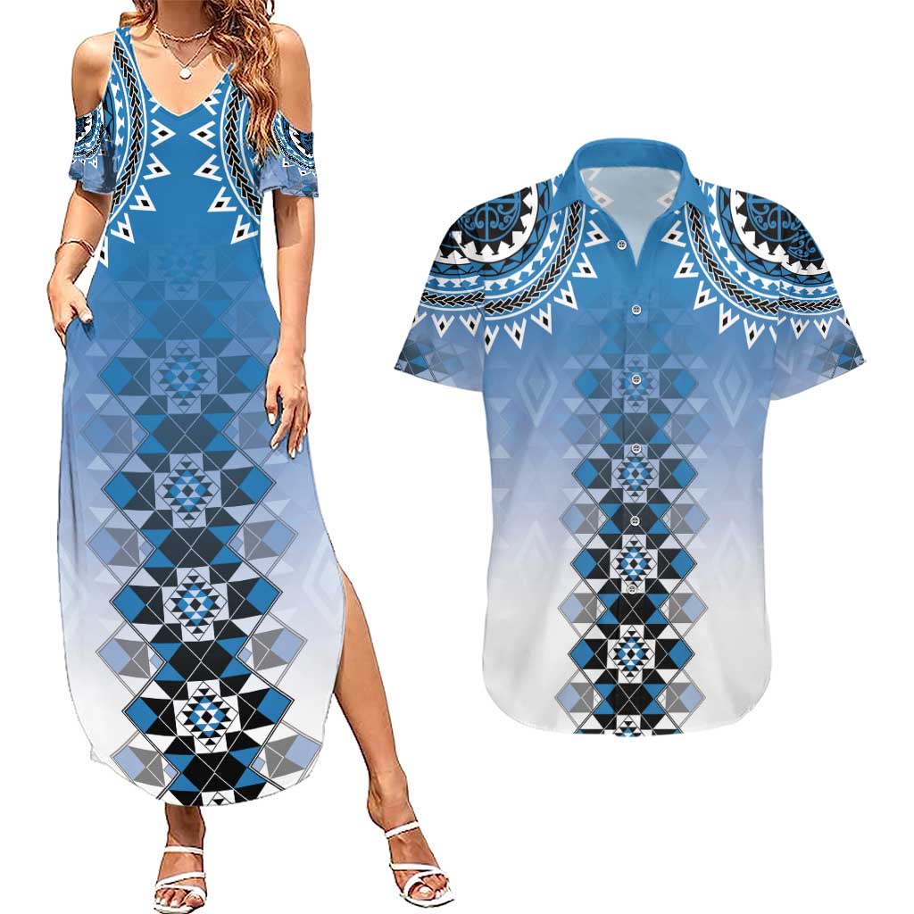 New Zealand Couples Matching Summer Maxi Dress and Hawaiian Shirt Poutama Mix Blue Taniko Inspired Art LT05