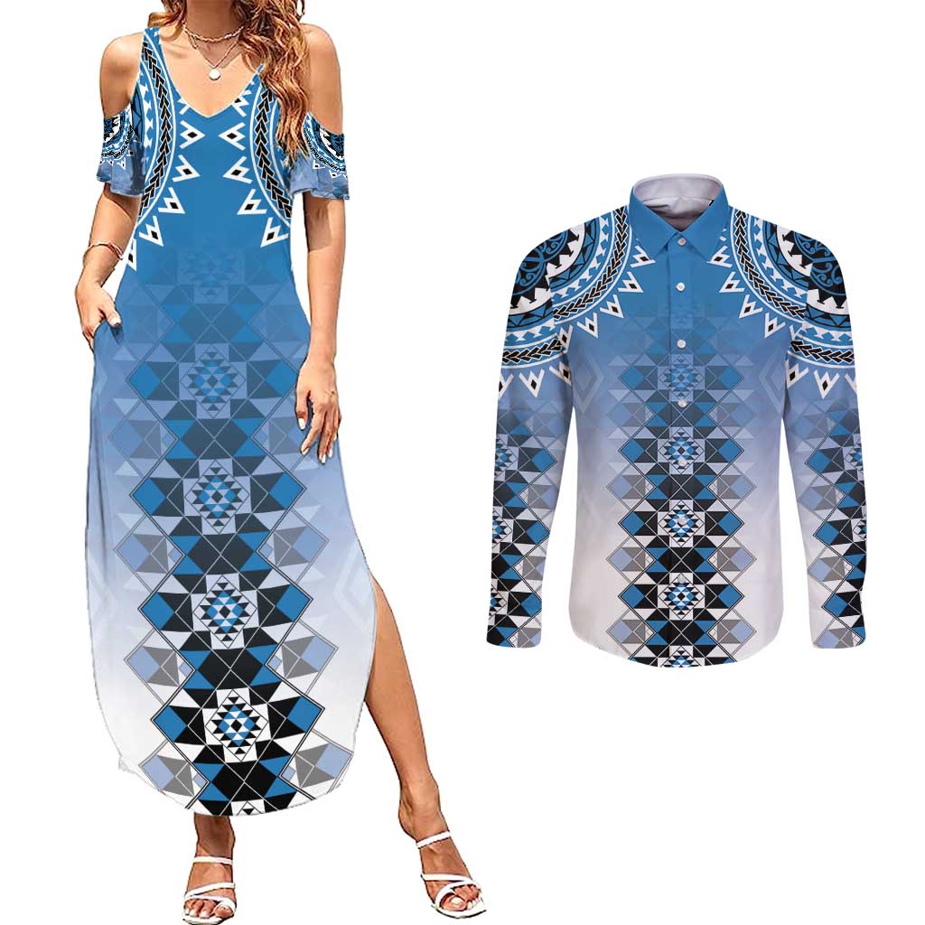 New Zealand Couples Matching Summer Maxi Dress and Long Sleeve Button Shirt Poutama Mix Blue Taniko Inspired Art LT05 Blue - Polynesian Pride