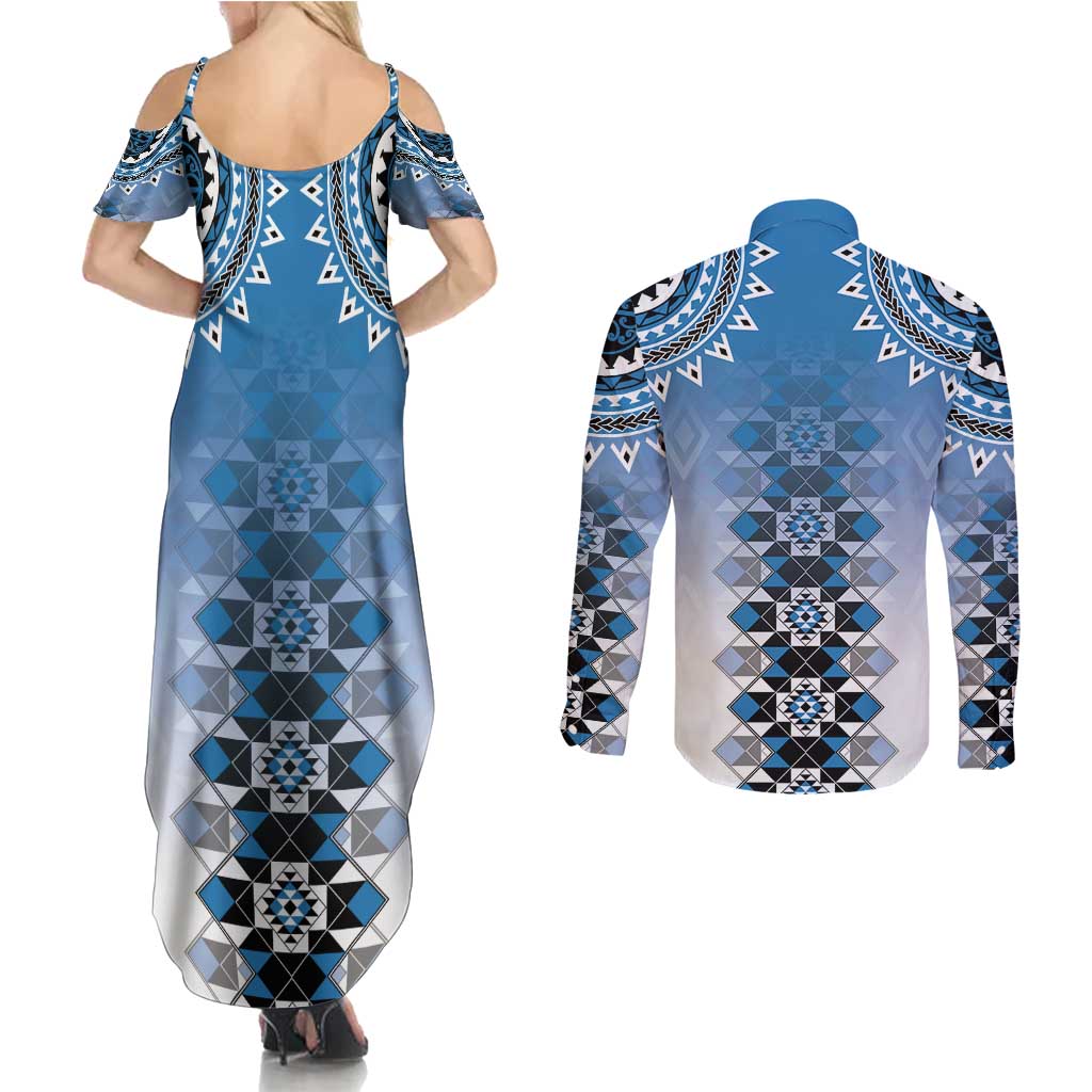 New Zealand Couples Matching Summer Maxi Dress and Long Sleeve Button Shirt Poutama Mix Blue Taniko Inspired Art LT05