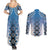 New Zealand Couples Matching Summer Maxi Dress and Long Sleeve Button Shirt Poutama Mix Blue Taniko Inspired Art LT05