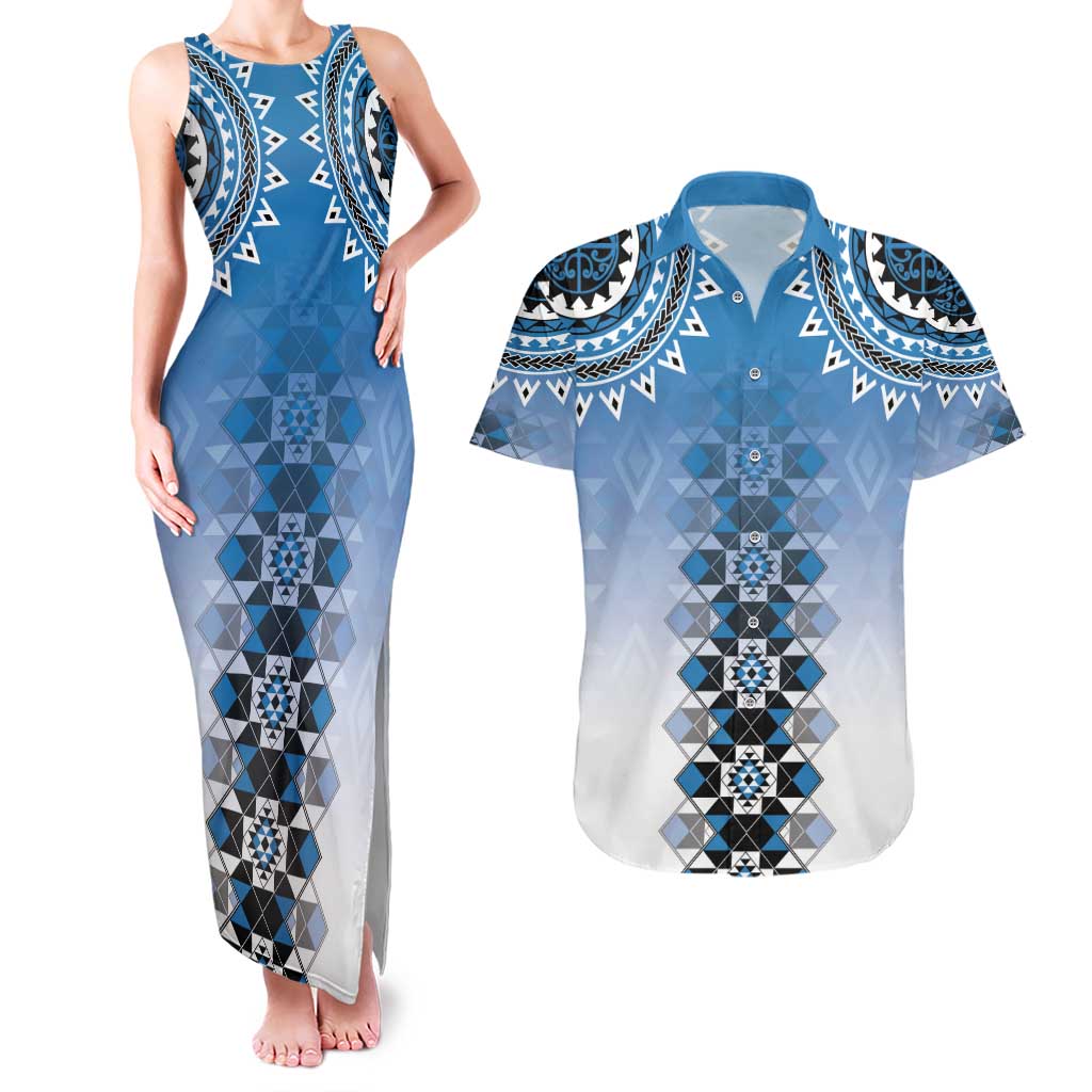 New Zealand Couples Matching Tank Maxi Dress and Hawaiian Shirt Poutama Mix Blue Taniko Inspired Art LT05