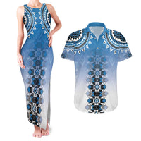 New Zealand Couples Matching Tank Maxi Dress and Hawaiian Shirt Poutama Mix Blue Taniko Inspired Art LT05