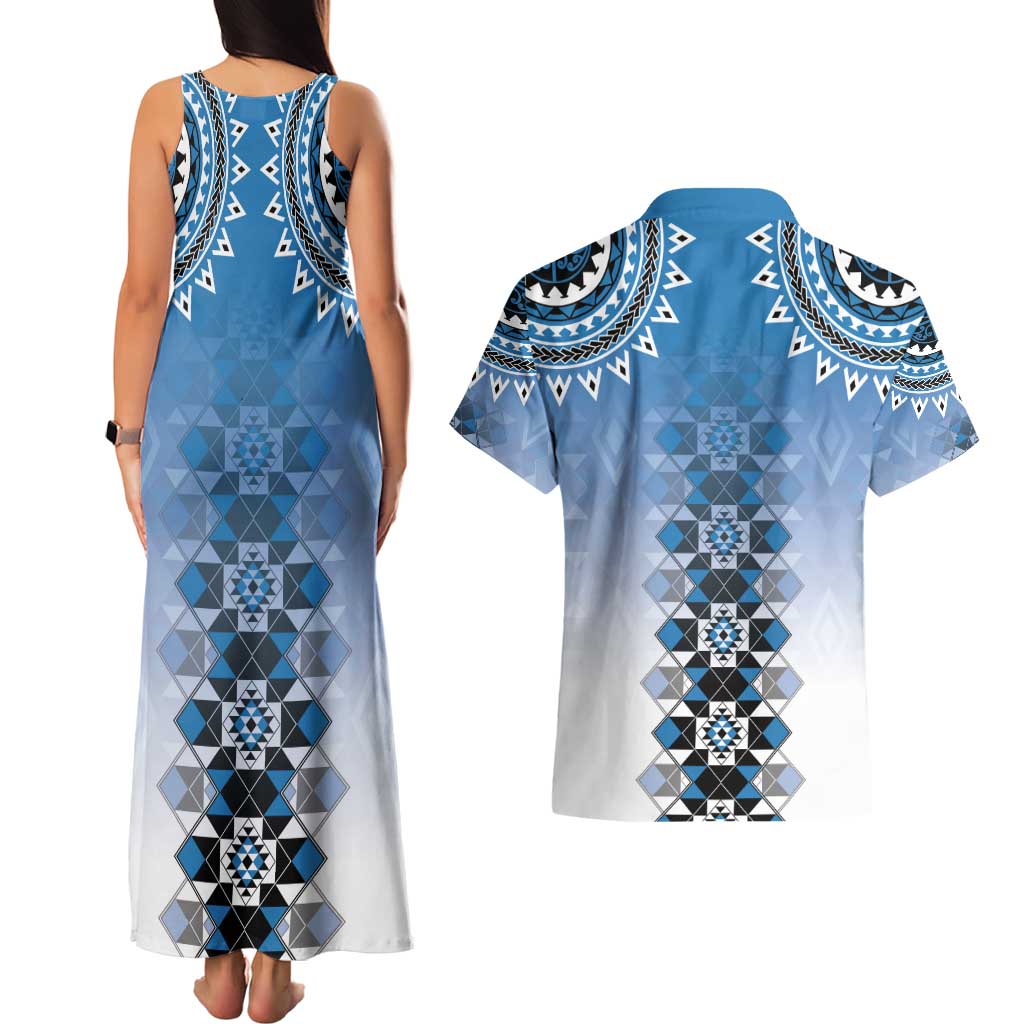 New Zealand Couples Matching Tank Maxi Dress and Hawaiian Shirt Poutama Mix Blue Taniko Inspired Art LT05