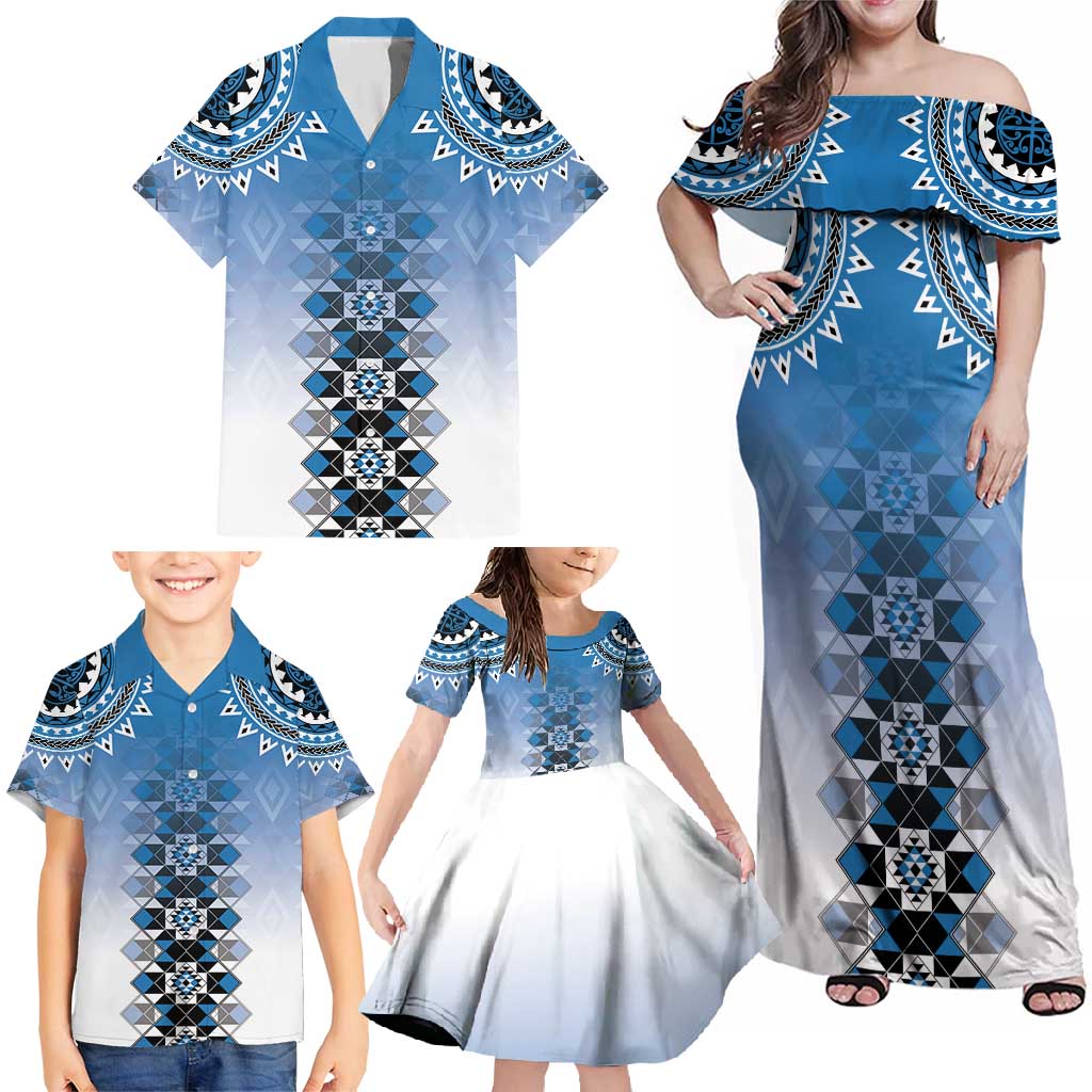 New Zealand Family Matching Off Shoulder Maxi Dress and Hawaiian Shirt Poutama Mix Blue Taniko Inspired Art LT05