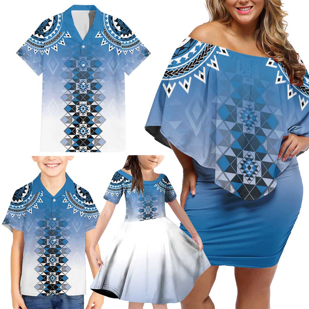 New Zealand Family Matching Off Shoulder Short Dress and Hawaiian Shirt Poutama Mix Blue Taniko Inspired Art LT05