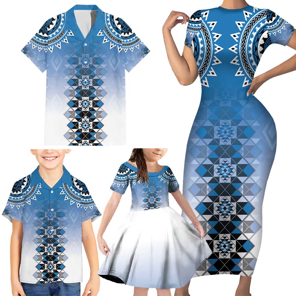 New Zealand Family Matching Short Sleeve Bodycon Dress and Hawaiian Shirt Poutama Mix Blue Taniko Inspired Art LT05