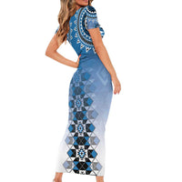 New Zealand Family Matching Short Sleeve Bodycon Dress and Hawaiian Shirt Poutama Mix Blue Taniko Inspired Art LT05