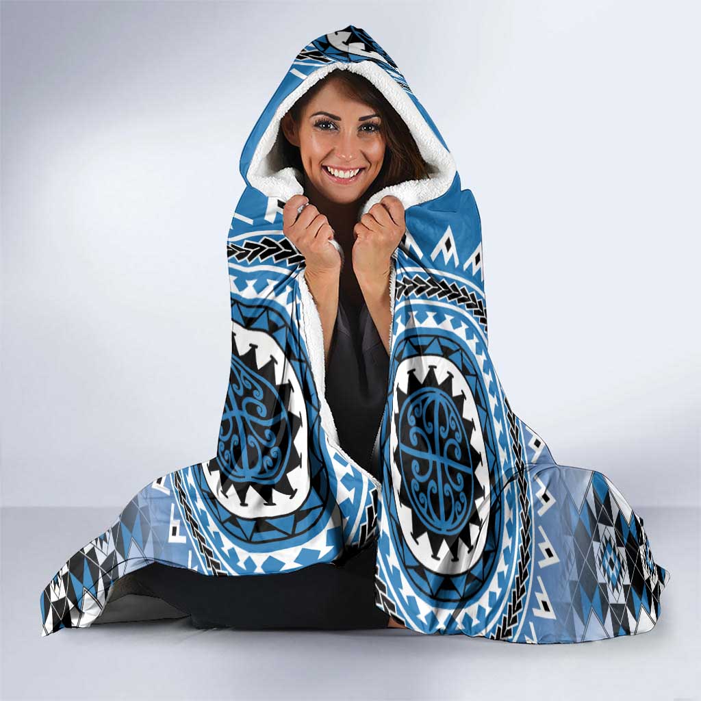 New Zealand Hooded Blanket Poutama Mix Blue Taniko Inspired Art LT05 - Polynesian Pride